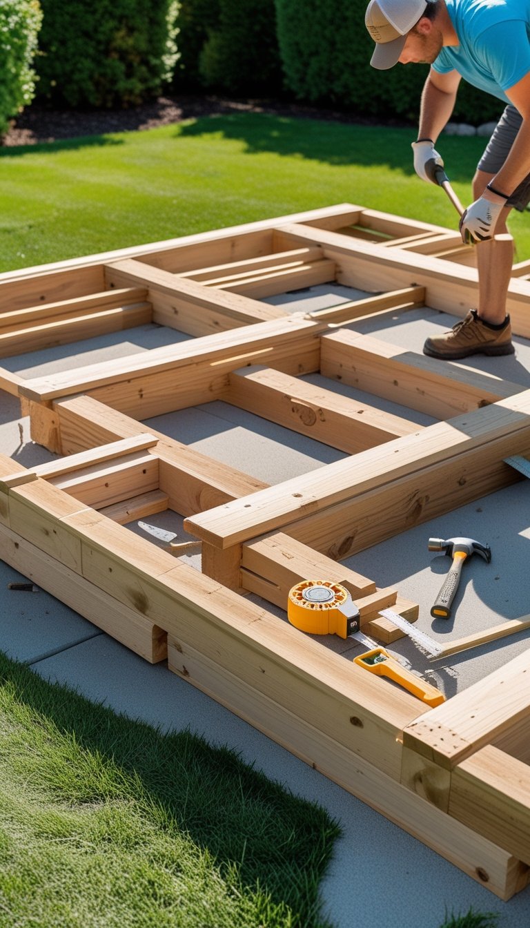 Person assembling a wooden deck frame on the ground in a backyard with green grass and garden plants.