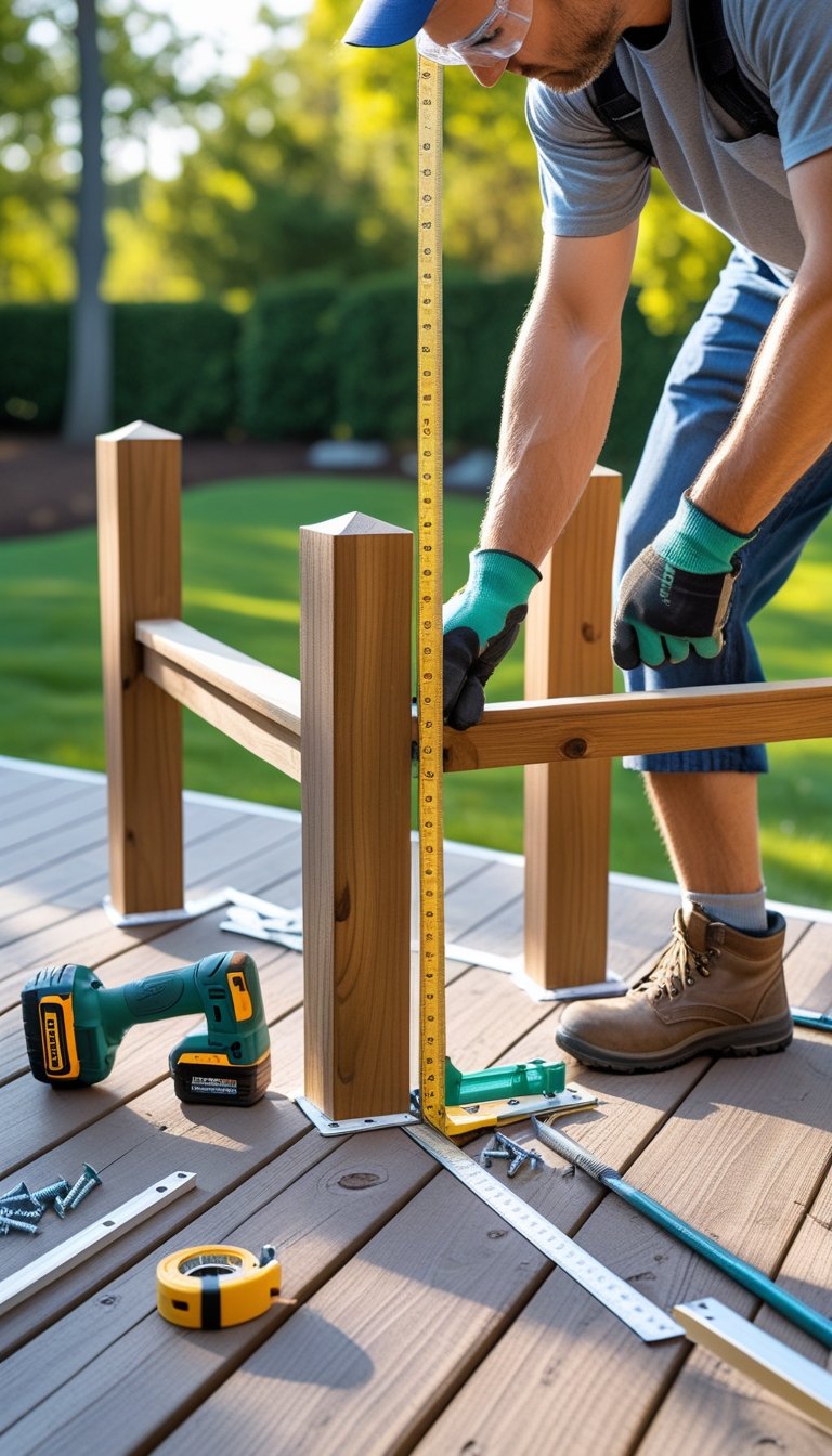 Person installing wooden deck railing posts outdoors with tools on a sunny backyard deck.