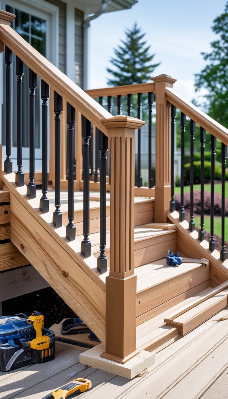 Close-up of a wooden deck railing being installed next to stairs with custom design features outdoors.