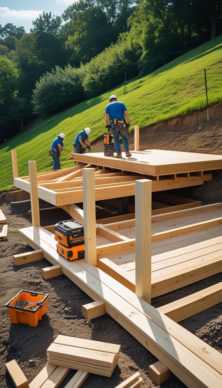 Workers building a wooden deck on a sloped backyard with visible wooden beams and tools.