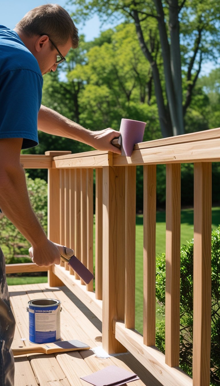 Person working on a wooden deck railing outdoors with tools and greenery in the background.