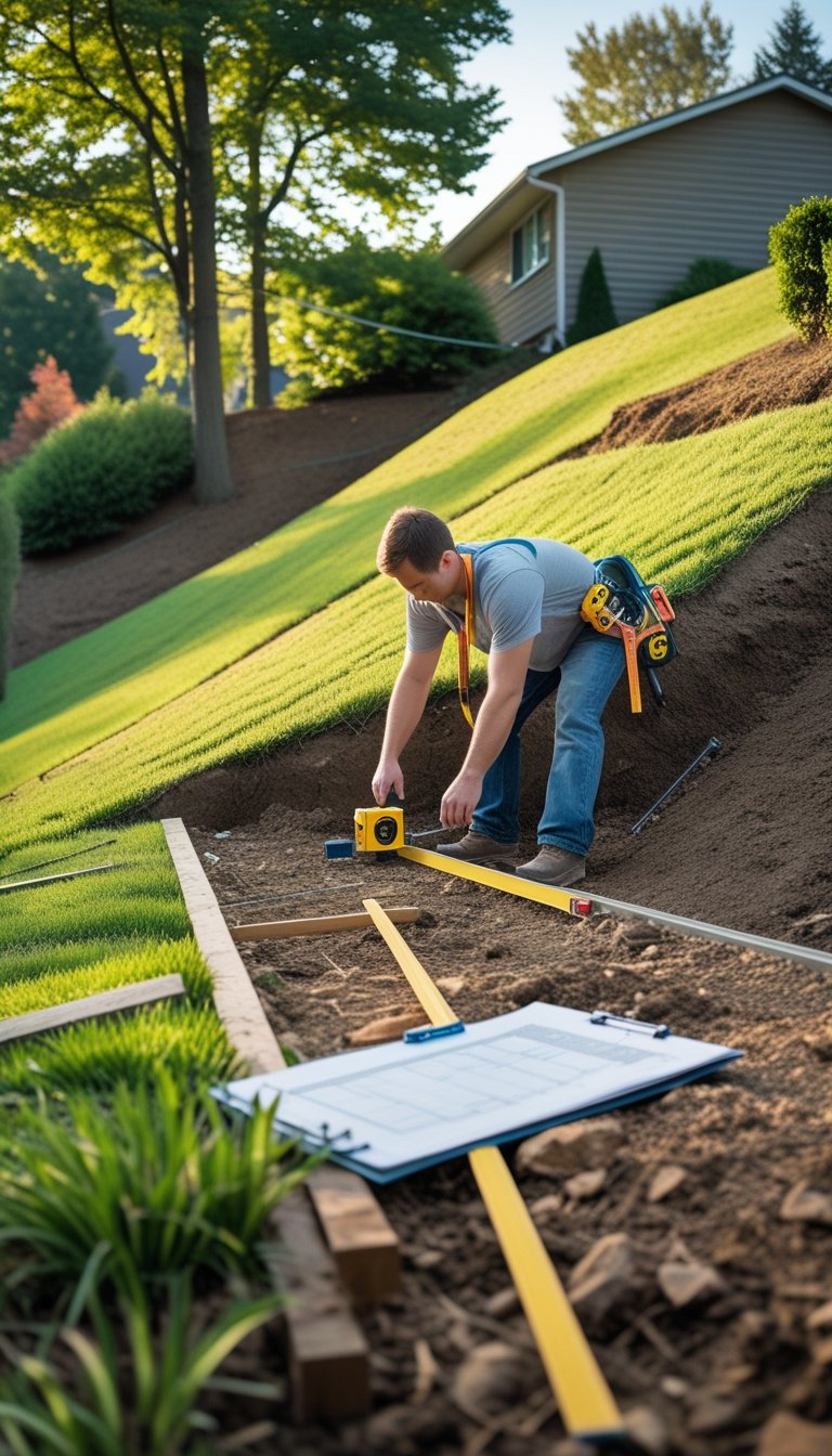Person measuring a sloped backyard site with tools to plan building a deck near a house.