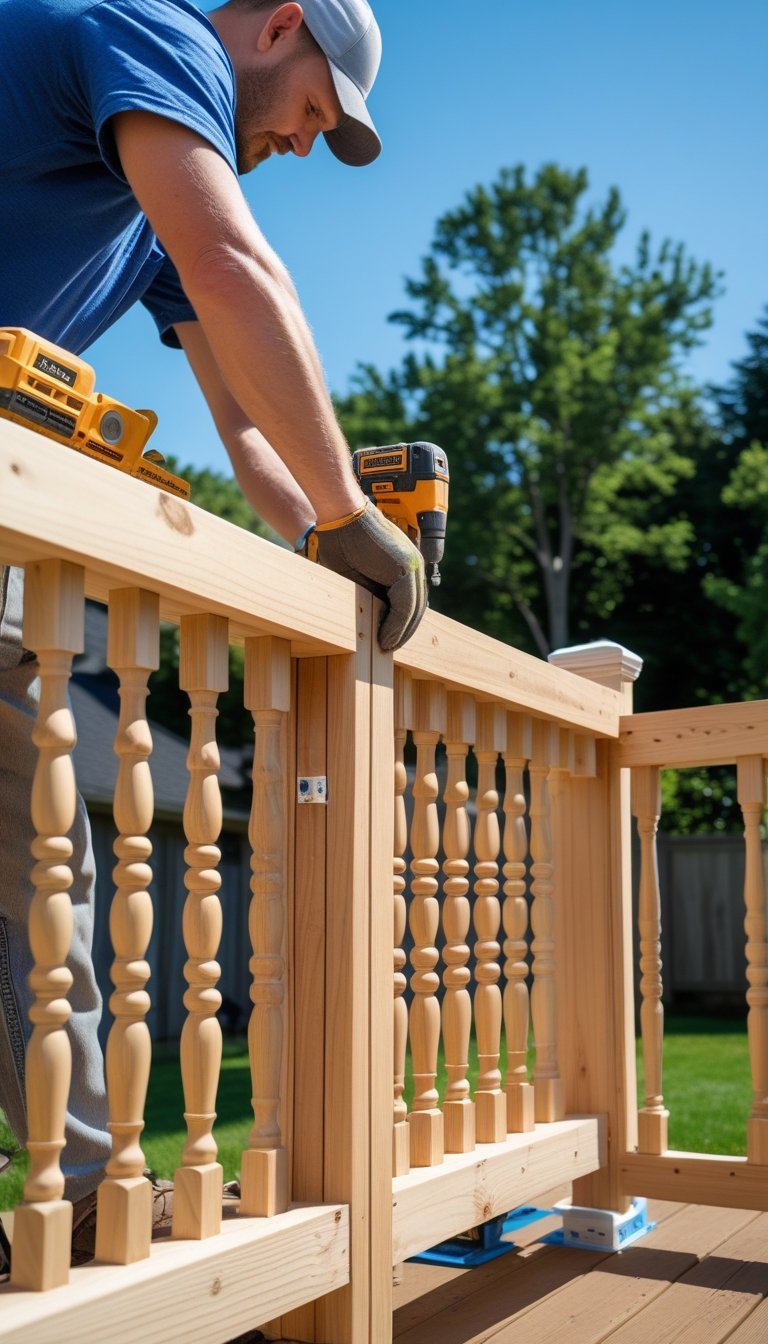 Carpenter building a wooden deck railing outdoors in a backyard.