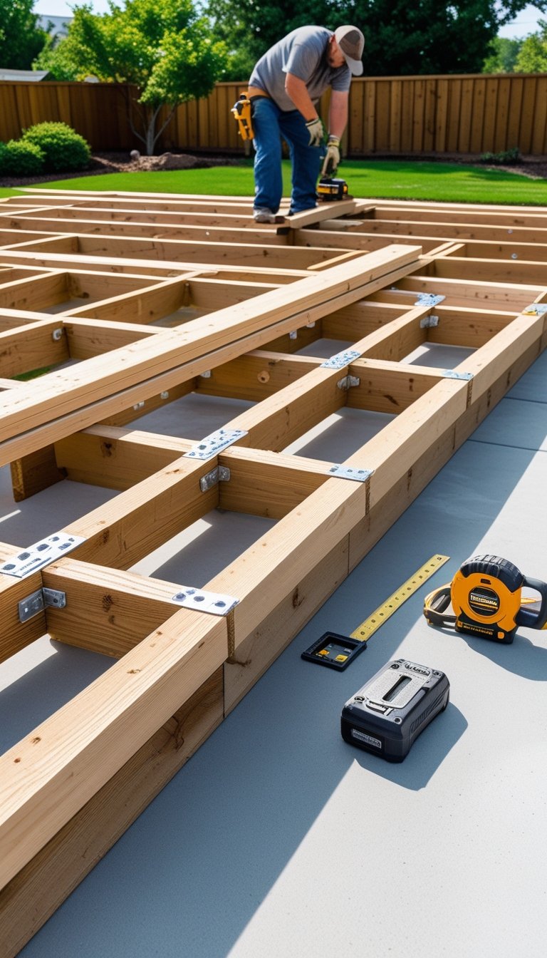 A person building a wooden deck frame over a concrete patio with tools and wood planks in a backyard.