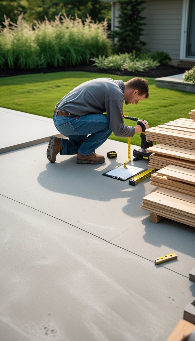 Person inspecting a concrete patio with tools and wooden planks nearby in a backyard setting.