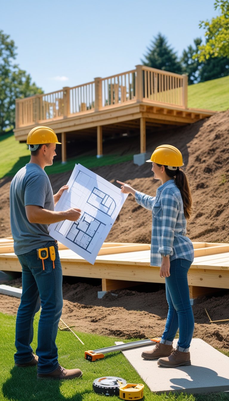 Two people planning a wooden deck on a sloped backyard with blueprints and construction tools nearby.