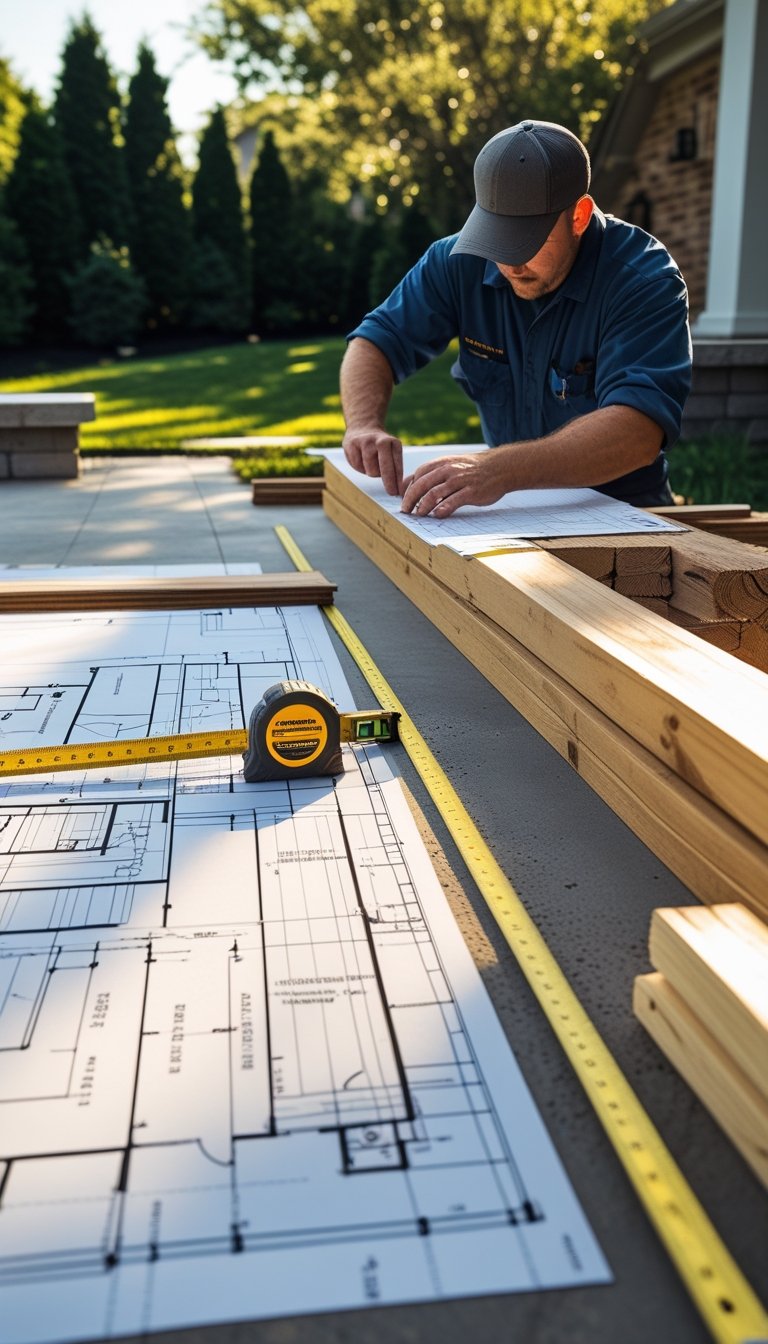 A person planning the construction of a wooden deck over a concrete patio, with blueprints and tools on a table in a backyard.