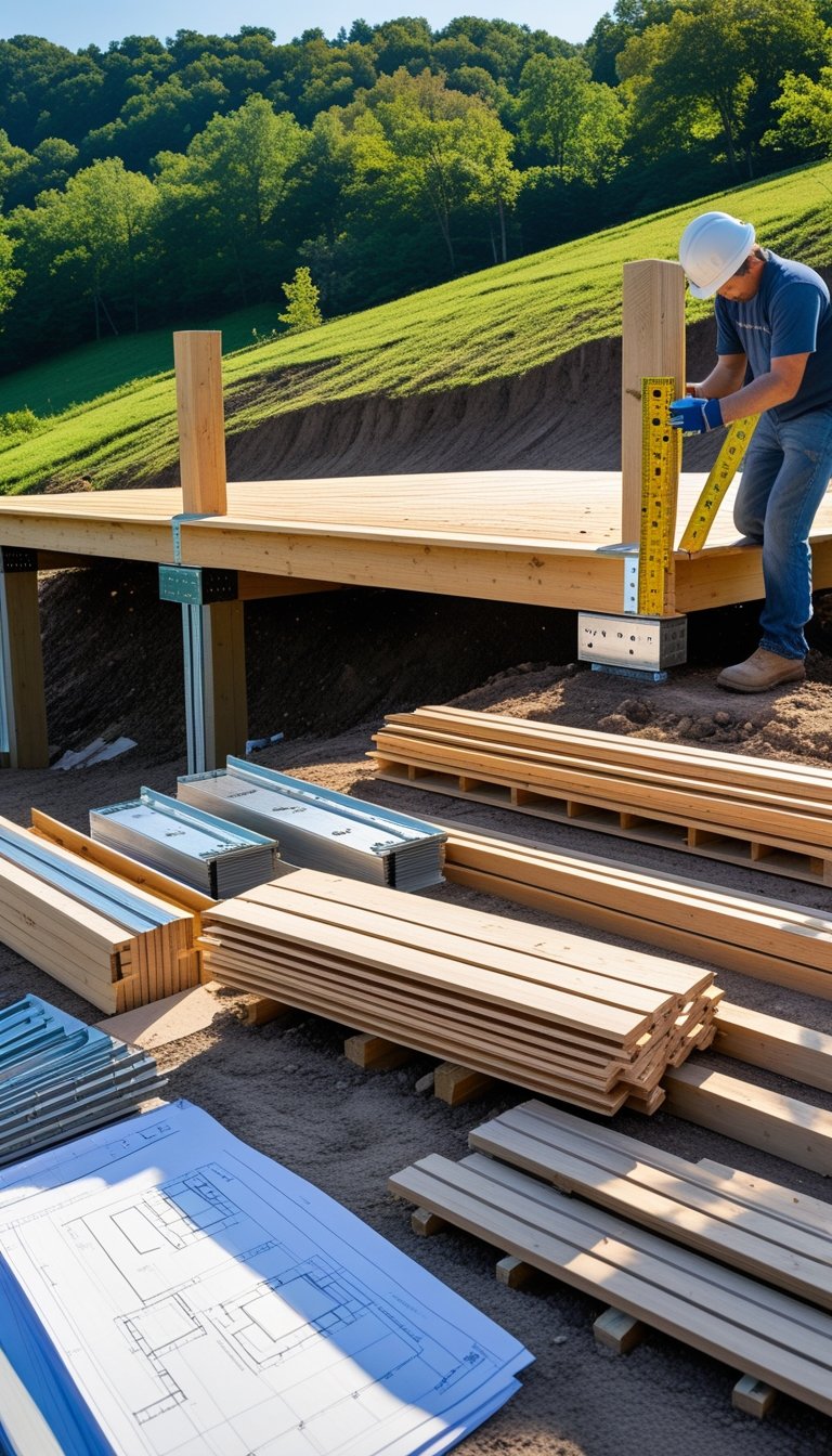 A person examining construction materials next to a partially built wooden deck on a sloped hillside outdoors.
