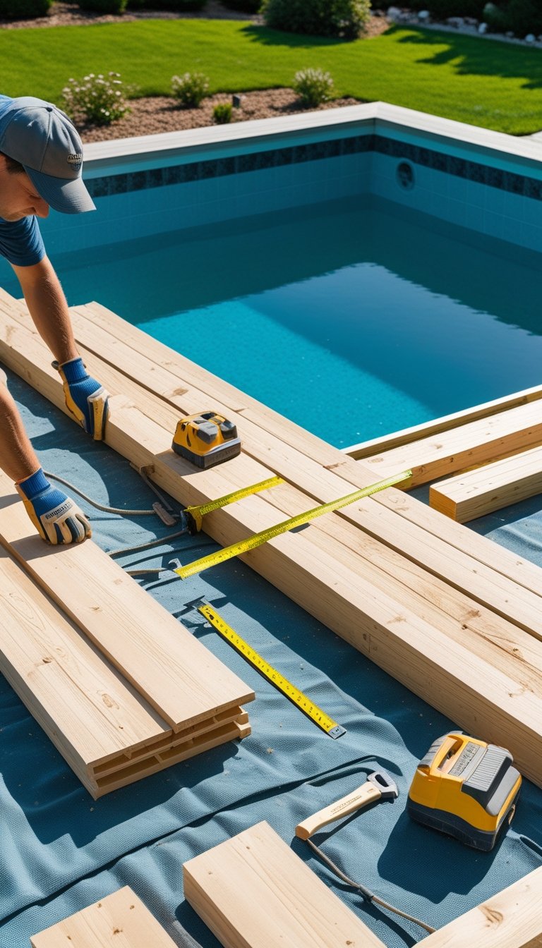 A person building a wooden deck around a swimming pool in a sunny backyard with construction tools nearby.