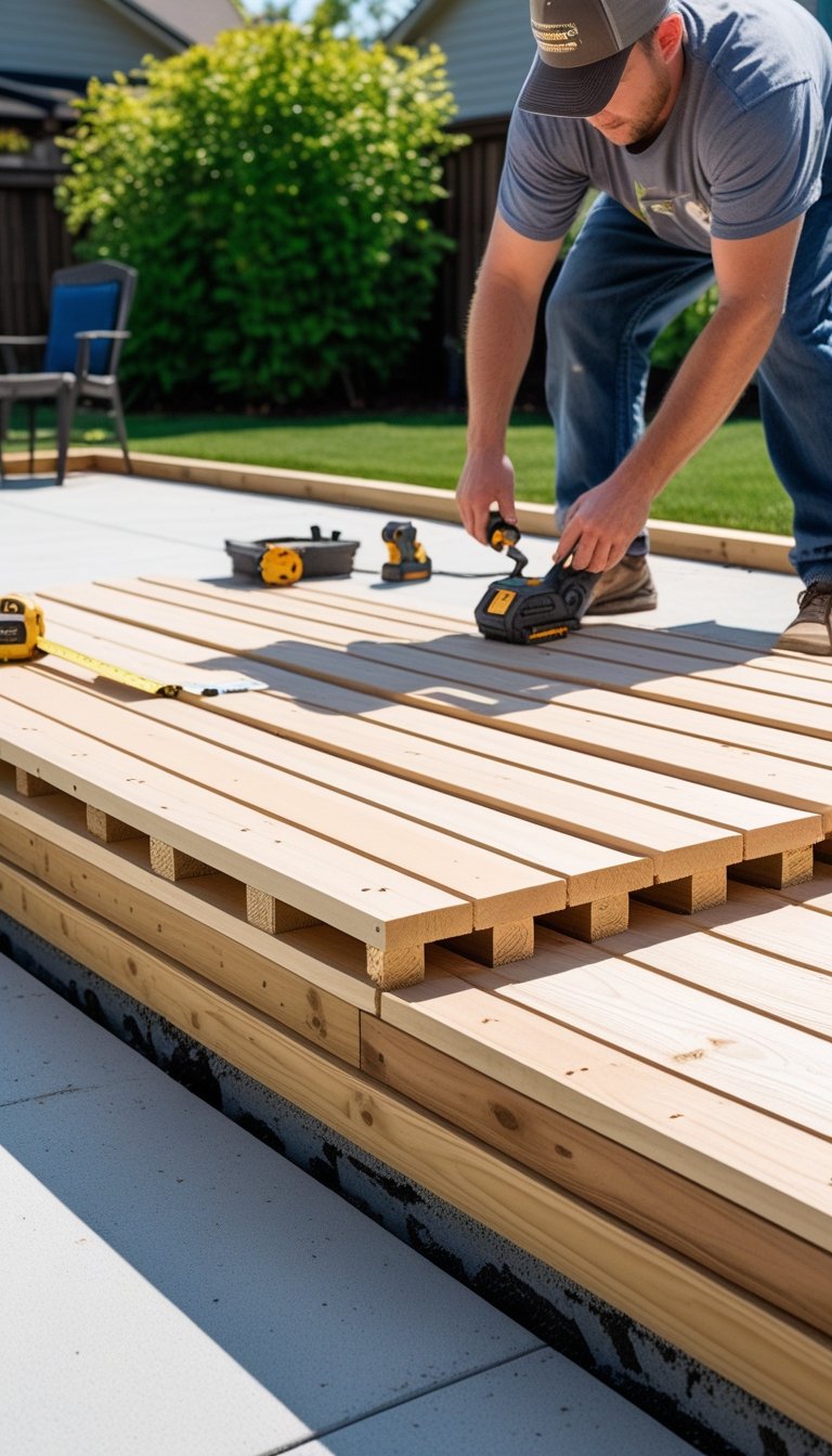 Person installing wooden decking boards over a concrete patio in a backyard.