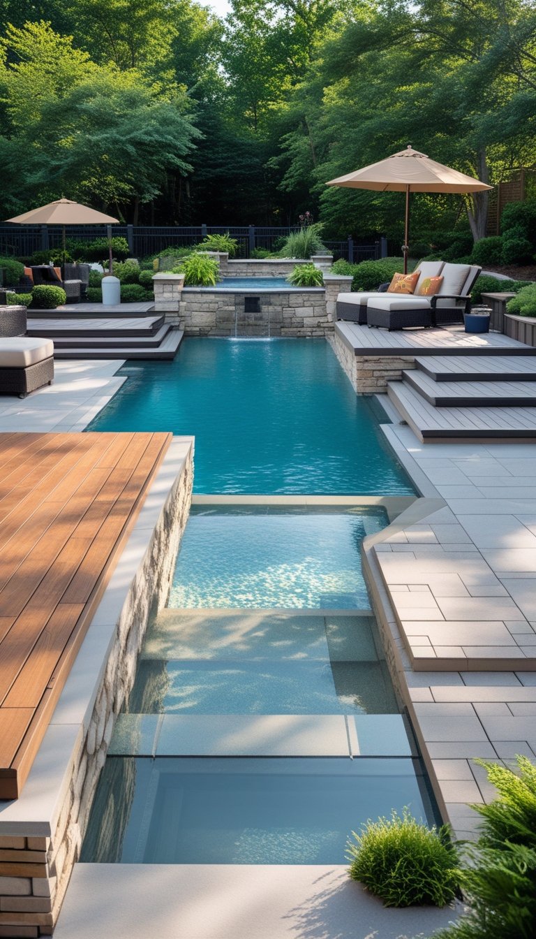 A swimming pool surrounded by different types of pool decks with outdoor furniture and plants nearby.