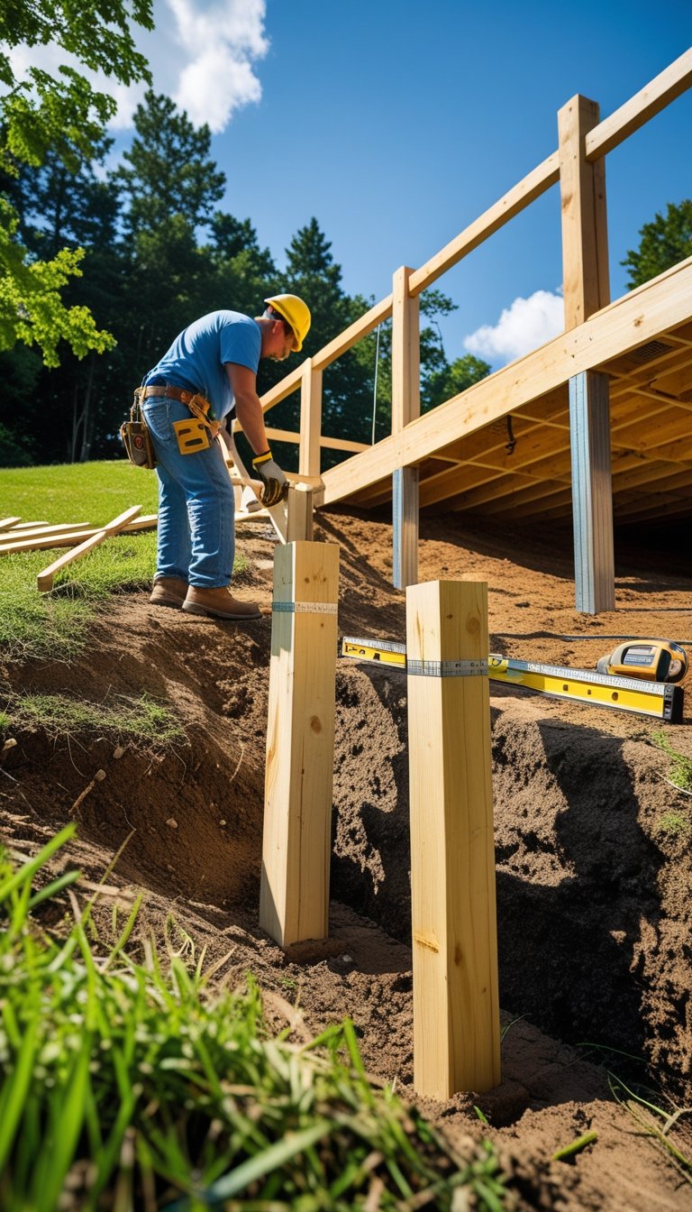 A worker installing wooden posts for a deck foundation on a grassy slope with construction tools nearby.