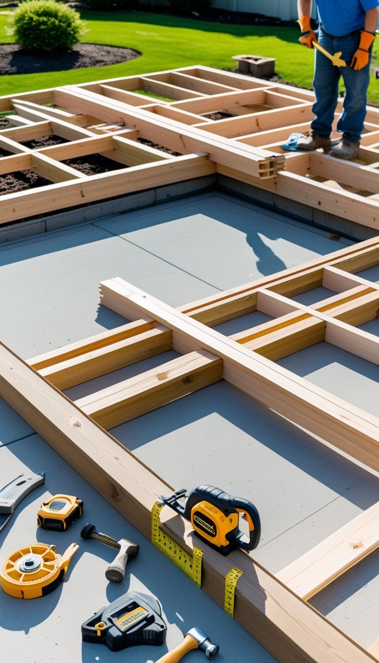 A construction site showing wooden beams and tools arranged on a concrete patio as a deck is being prepared outdoors.