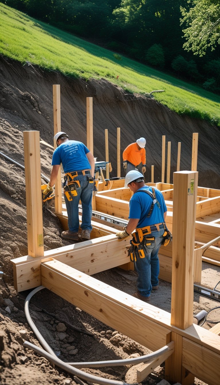 Workers building a wooden deck on a sloped backyard with wooden posts and framing visible.