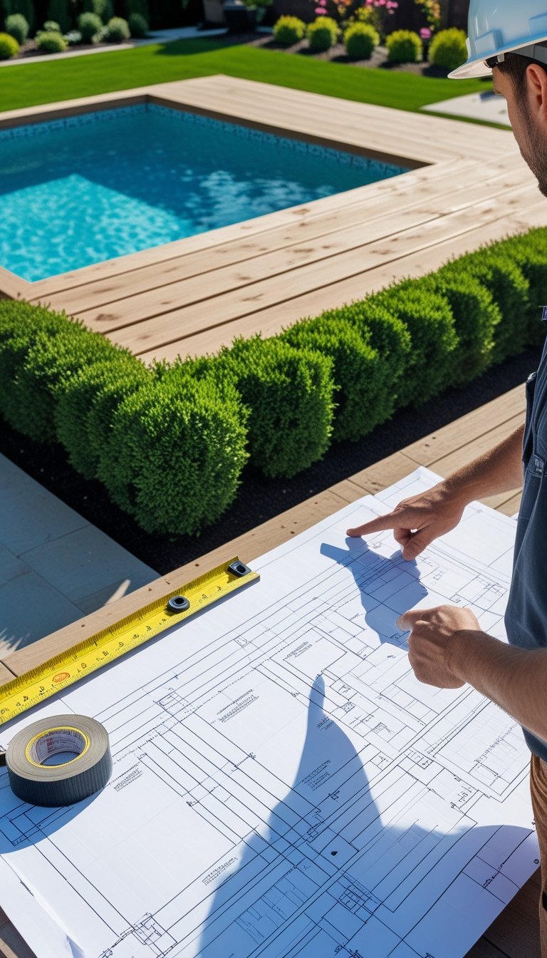 A person reviewing blueprints near a swimming pool with a partially built wooden deck in a sunny backyard.