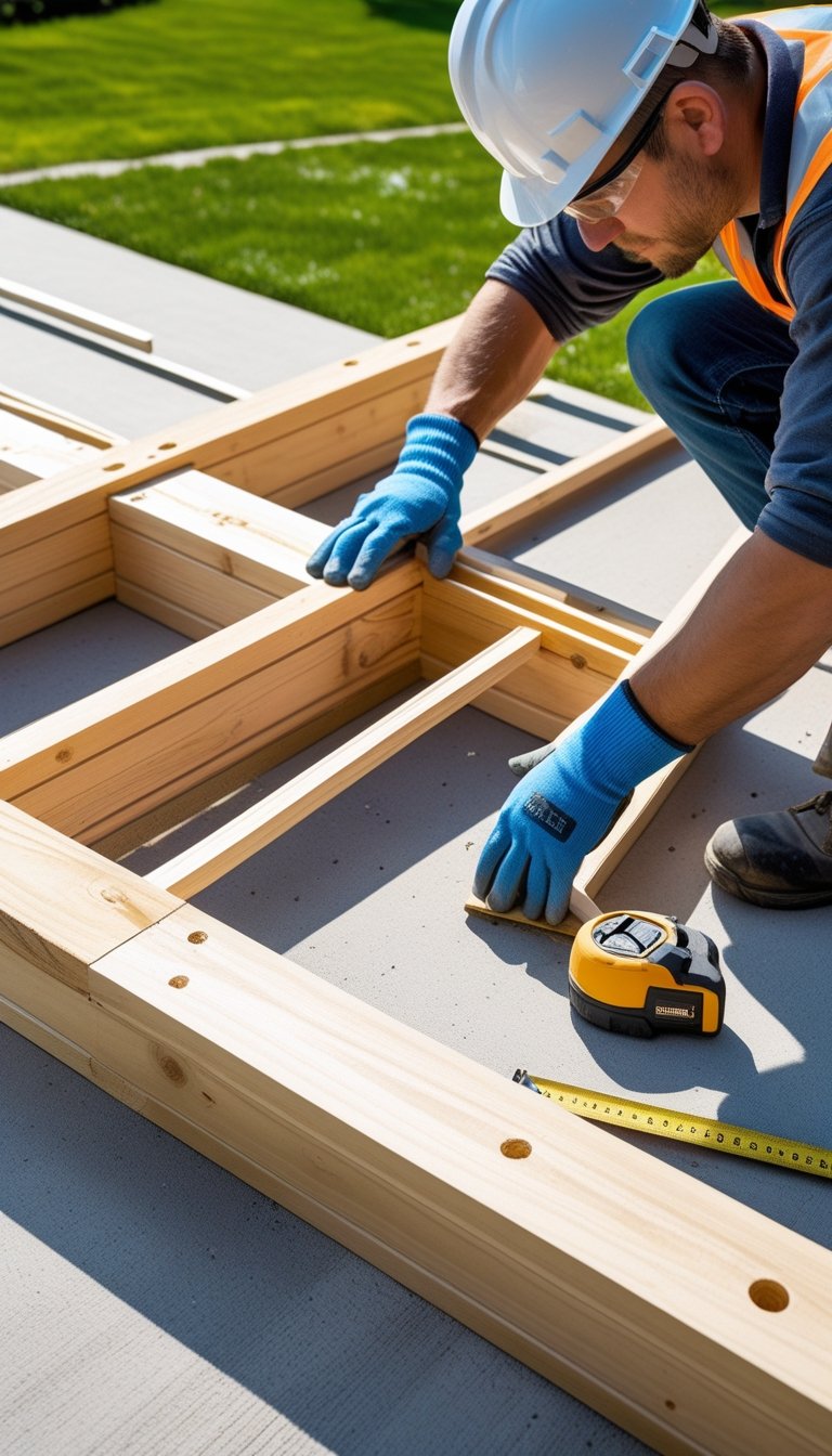 A worker constructing a wooden deck frame over a concrete patio in a backyard.