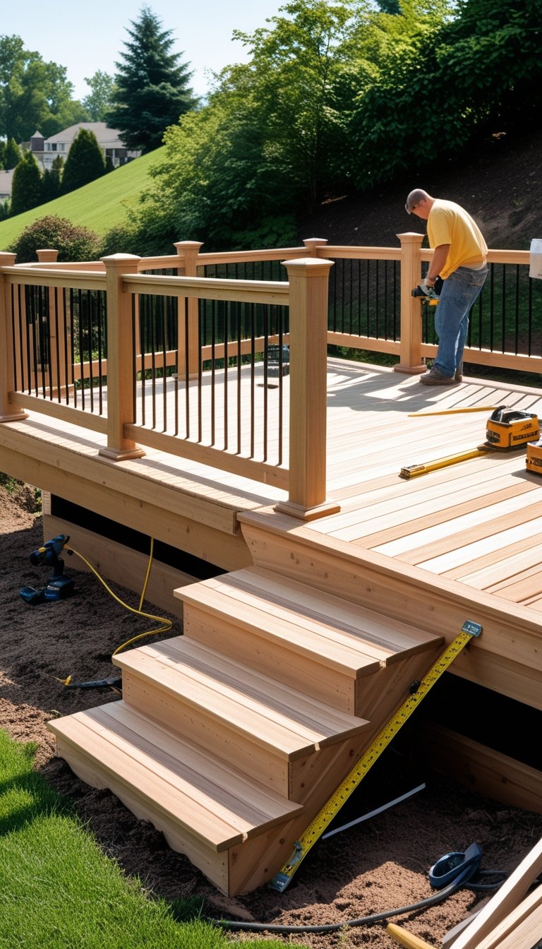 A wooden deck on a sloped backyard with railings, stairs, and surface boards being installed.