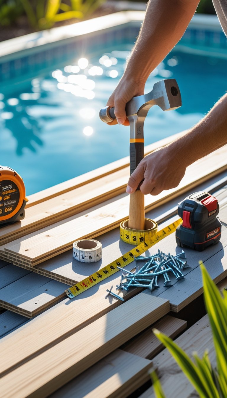 Hands selecting building materials and tools near a swimming pool on a sunny day.