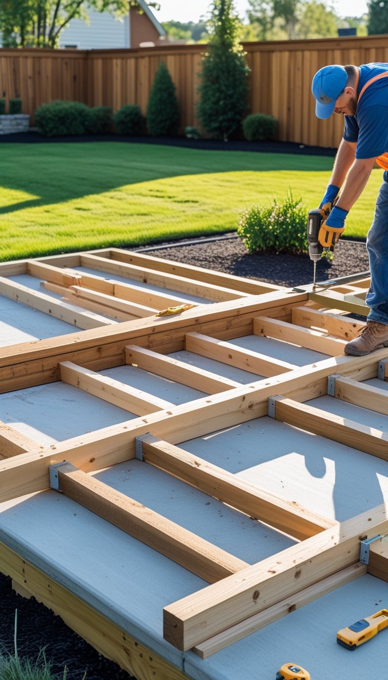 A person installing wooden beams to build a deck over a concrete patio in a backyard.