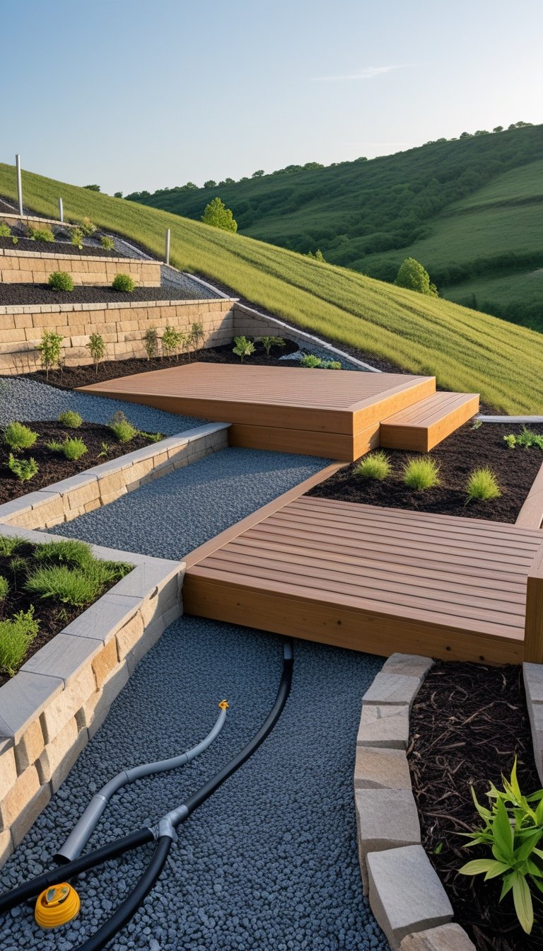A wooden deck built on a sloped hillside with drainage systems and erosion control features like retaining walls and terraced plants.