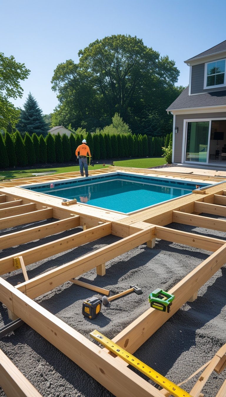 A backyard with a swimming pool and a partially built wooden deck foundation, with a worker preparing the site.