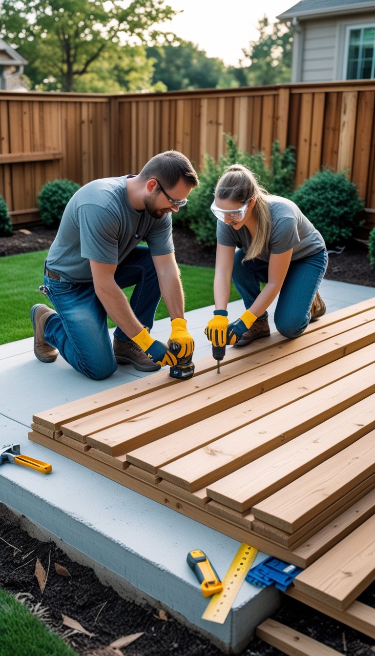A man and a woman building a wooden deck over a concrete patio in a backyard.