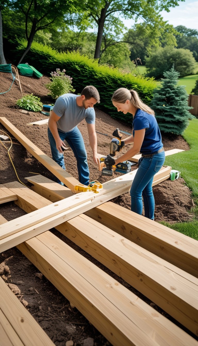 Two people building a wooden deck together on a sloped backyard with tools and materials around them.