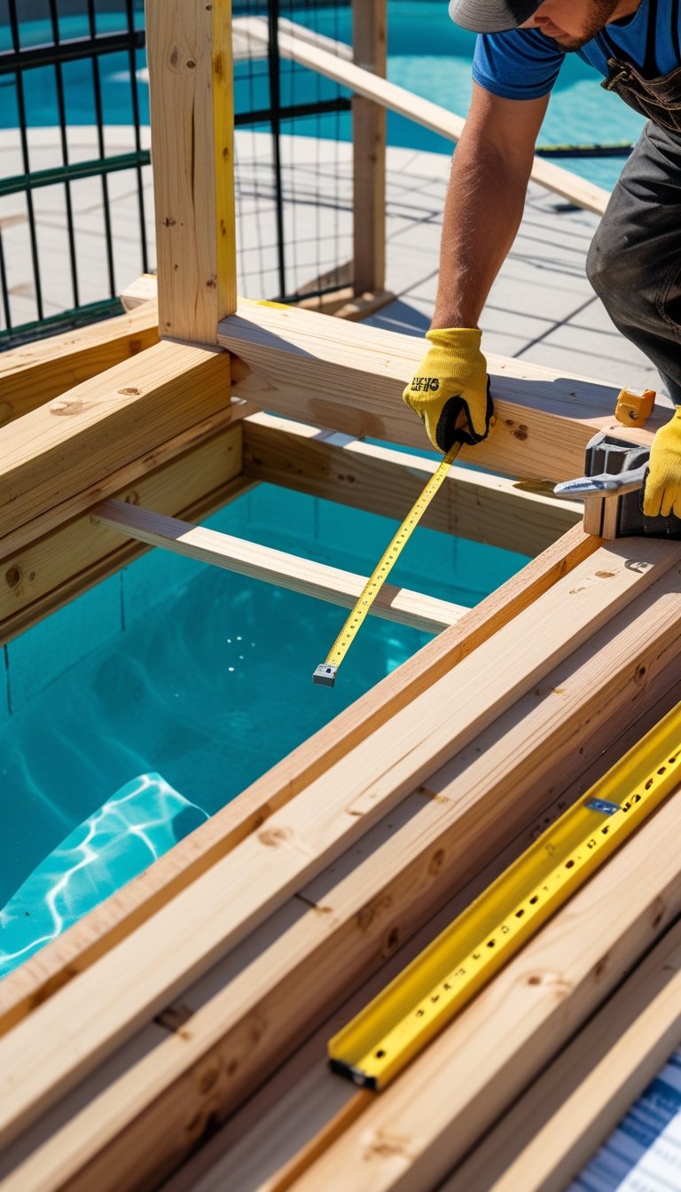 A worker constructing a wooden deck frame around a swimming pool outdoors.
