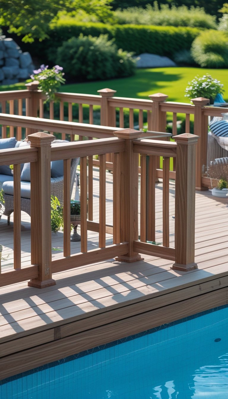 Wooden deck with railings surrounding a swimming pool, featuring outdoor furniture and plants in a sunny backyard.