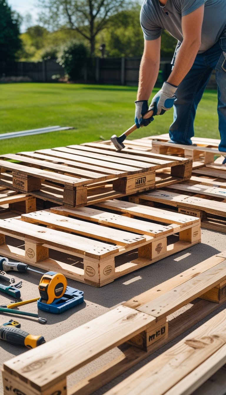 A person assembling a wooden deck using pallets in a backyard with tools and greenery around.