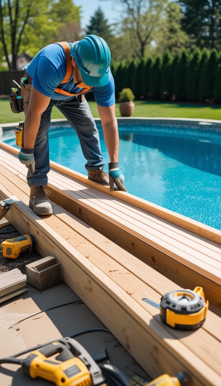 A worker installing wooden planks to build a deck around a backyard swimming pool on a sunny day.
