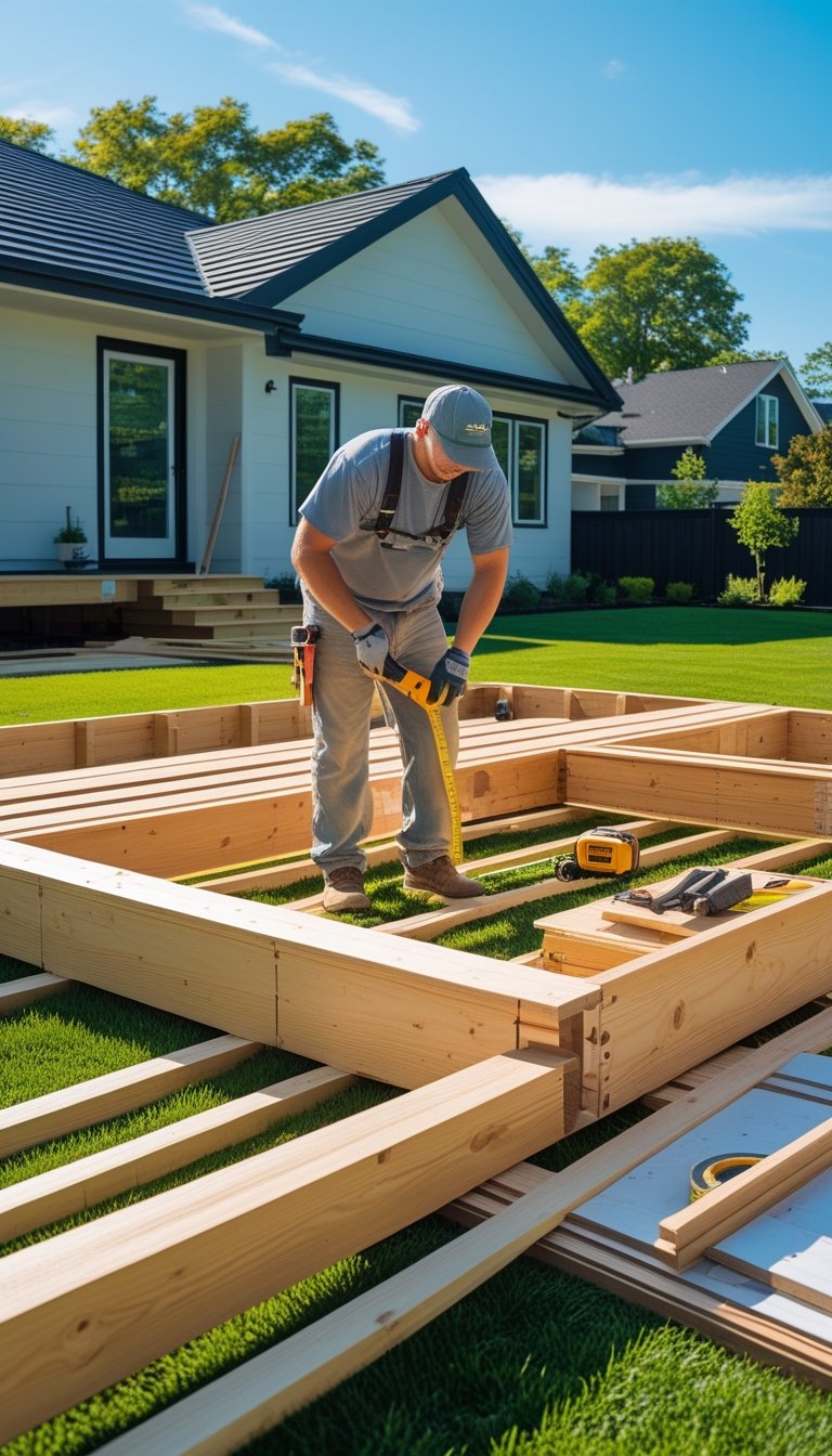 Person building a wooden deck in a backyard with tools and construction materials around.