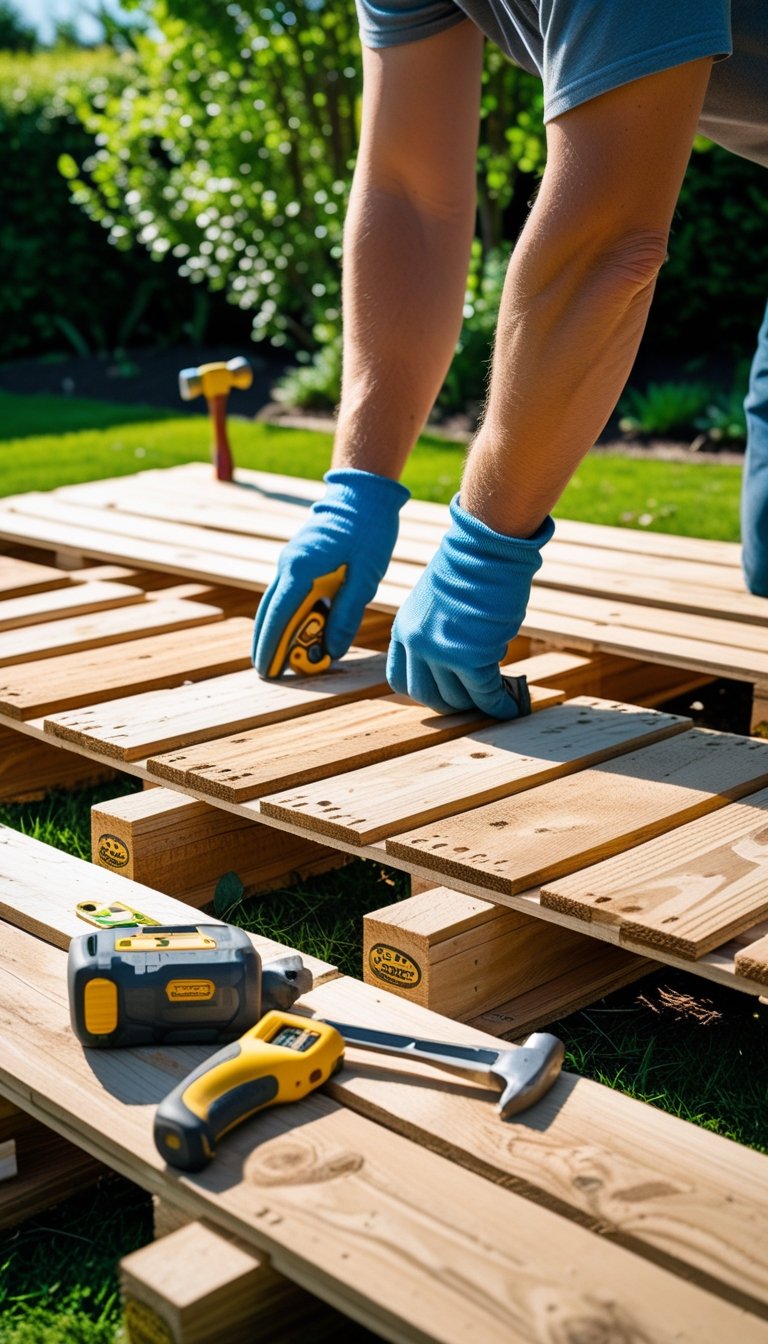 Person assembling a wooden deck outdoors using recycled pallets with tools nearby in a garden setting.