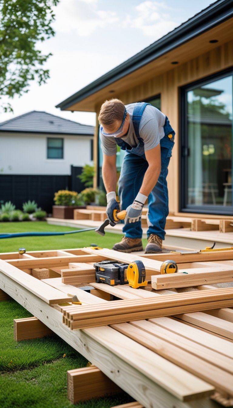 Person building a wooden deck in a backyard using tools and wooden planks.