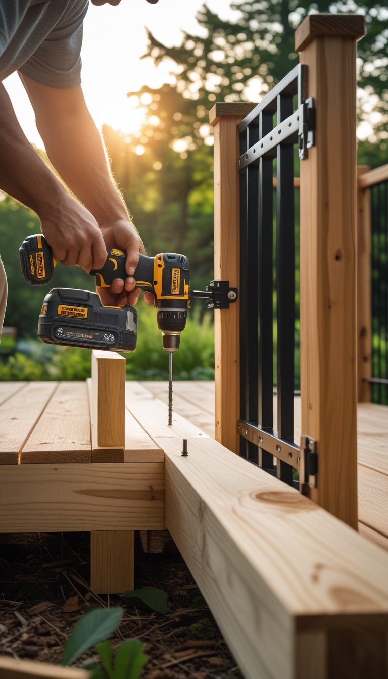 Person building a wooden deck gate outdoors using tools and wooden planks.