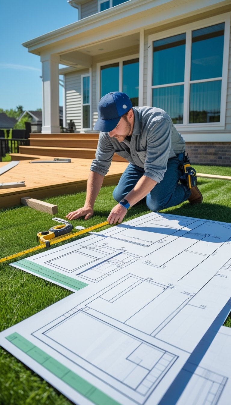 Person kneeling outdoors reviewing blueprints and tools near a partially built wooden deck in a backyard.