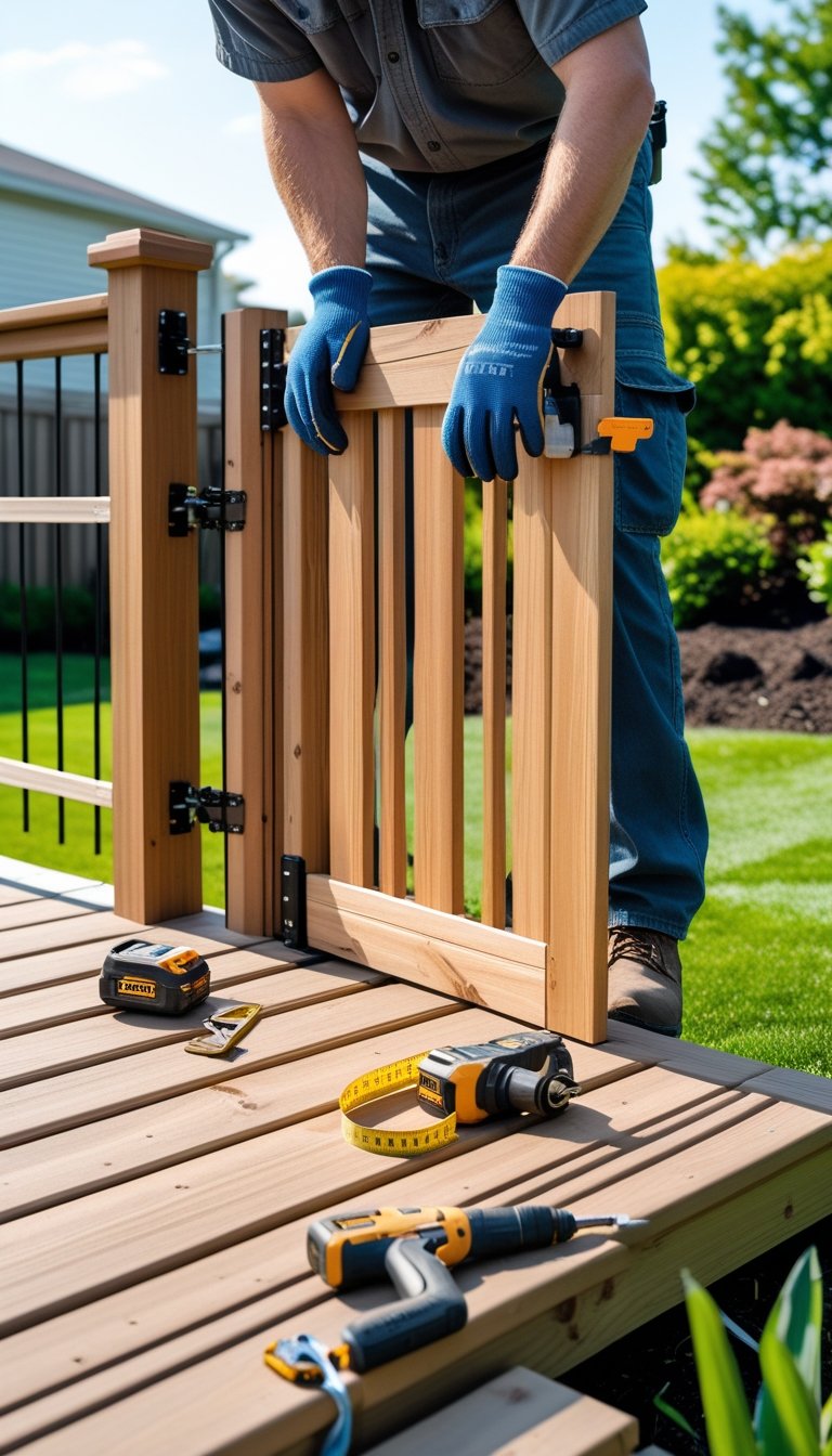 Person installing a wooden gate on a residential deck with tools nearby and a backyard in the background.
