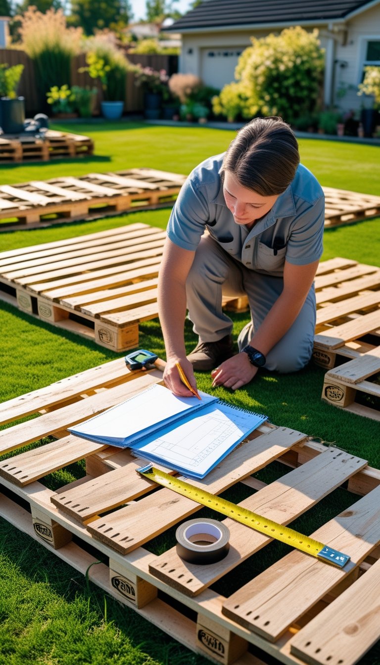 Person planning a pallet deck project outdoors with wooden pallets and tools in a backyard.