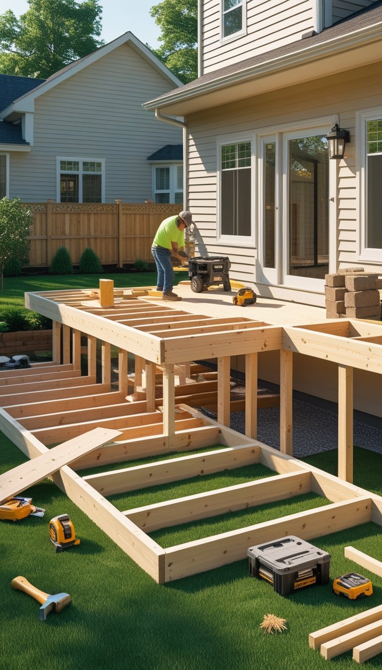 A backyard scene showing a partially built wooden deck with workers assembling the frame and construction tools nearby.