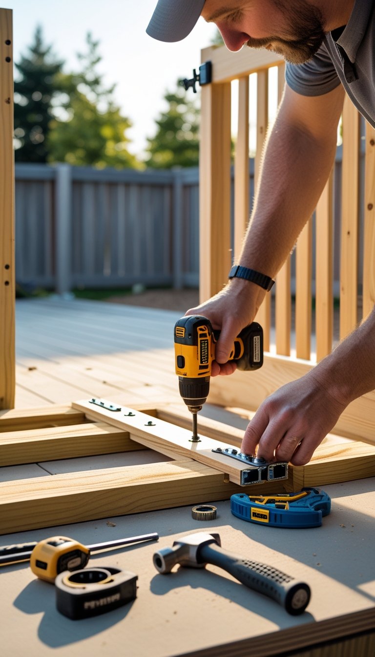 Person assembling a wooden deck gate outdoors with tools on a workbench and a deck in the background.