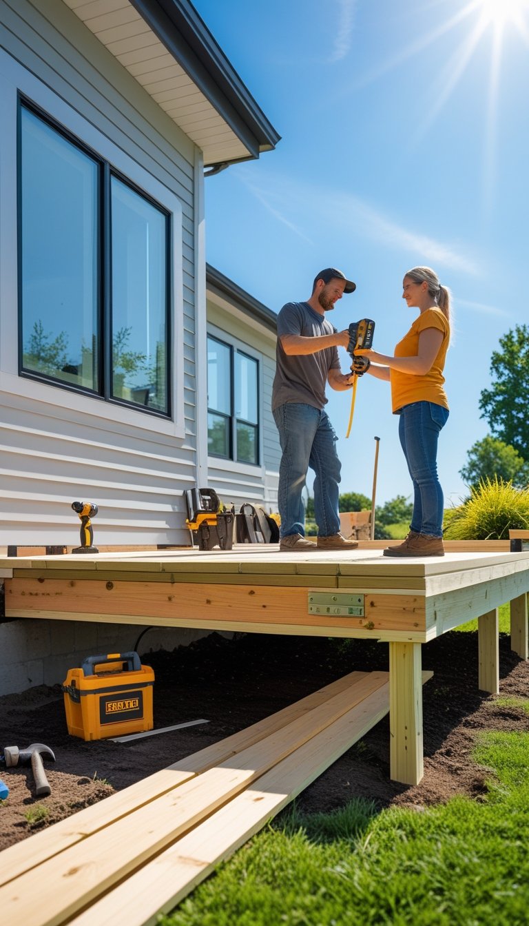A man and woman building a wooden deck attached to a house outdoors on a sunny day.