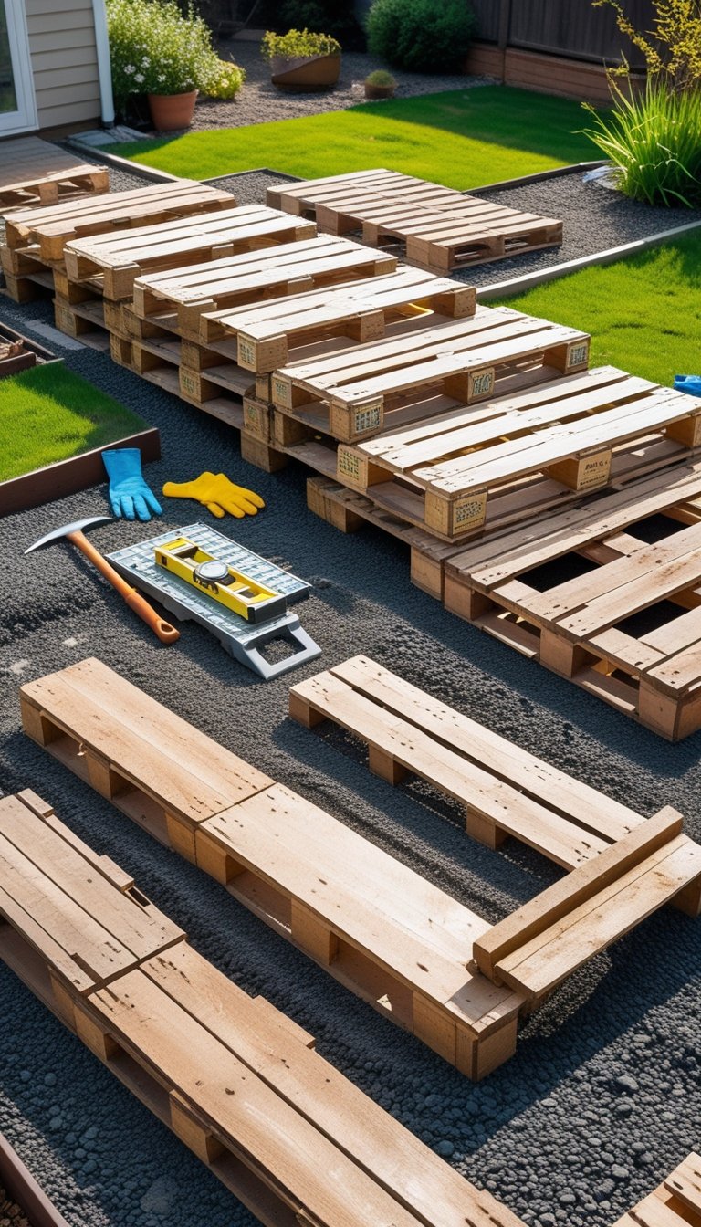 A backyard scene showing prepared ground with gravel and wooden pallets arranged for building a deck foundation.