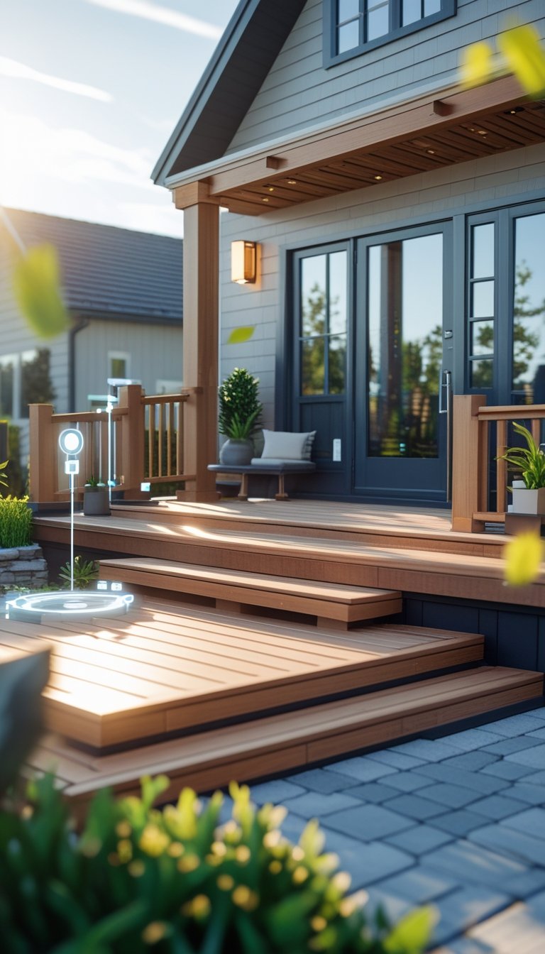 A modern wooden deck attached to a house with railings, benches, plants, and decorative lighting being added in a bright outdoor setting.