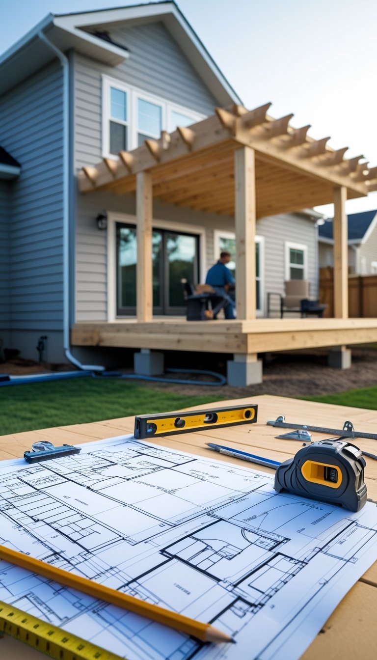 People reviewing blueprints next to a house with a partially built wooden deck frame.