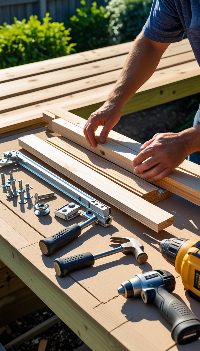 Hands selecting wood and tools on a workbench next to a partially built wooden deck outdoors.