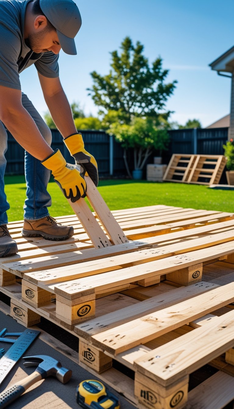 Person building a wooden pallet deck outdoors with tools and materials visible.