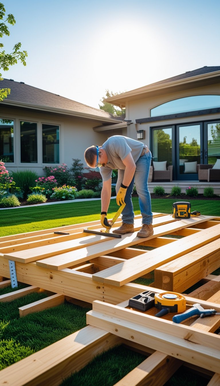 Person building a wooden deck in a sunny backyard with tools and a house in the background.