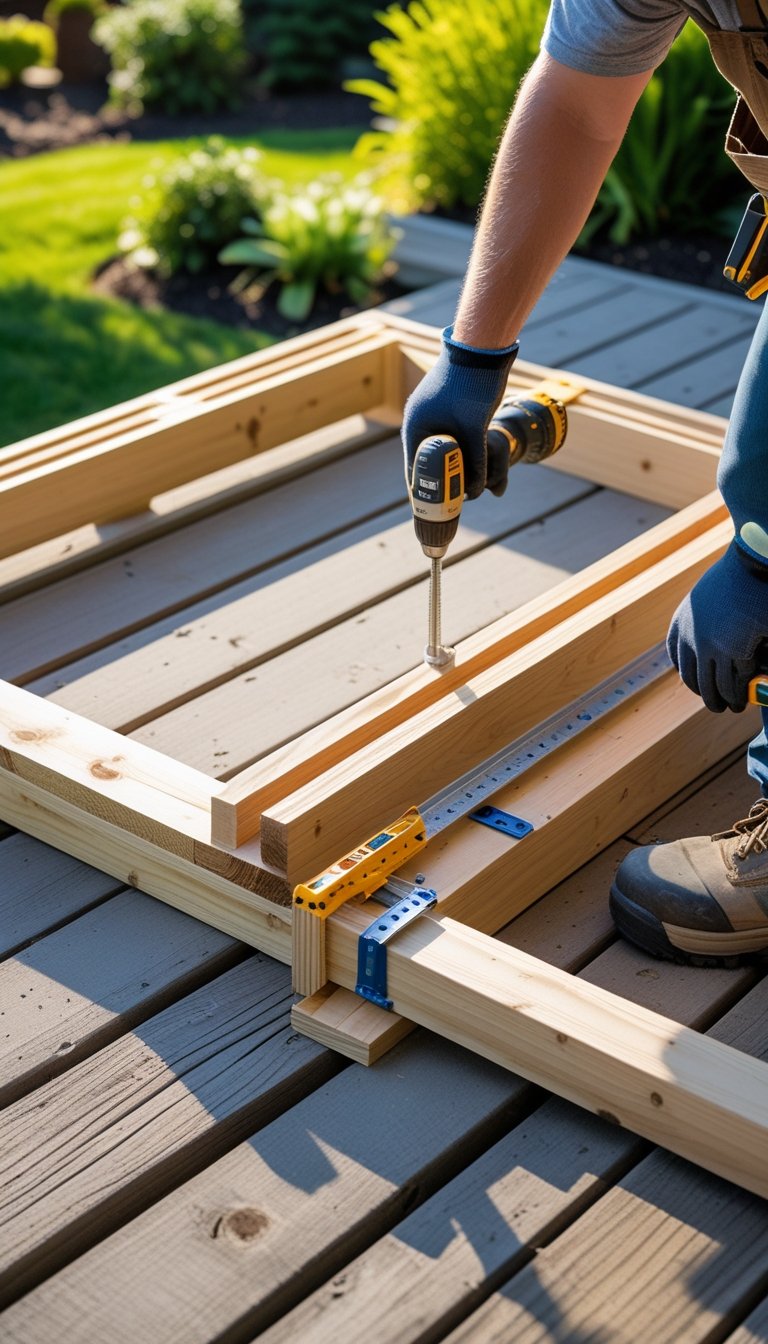 A person assembling a wooden deck gate frame outdoors on a wooden deck surrounded by greenery.