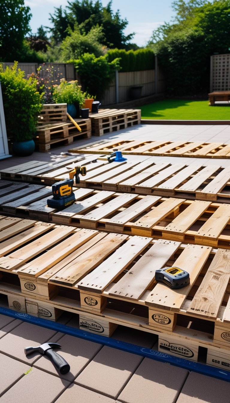 Outdoor scene of a partially built wooden deck made from pallets with tools nearby in a backyard.