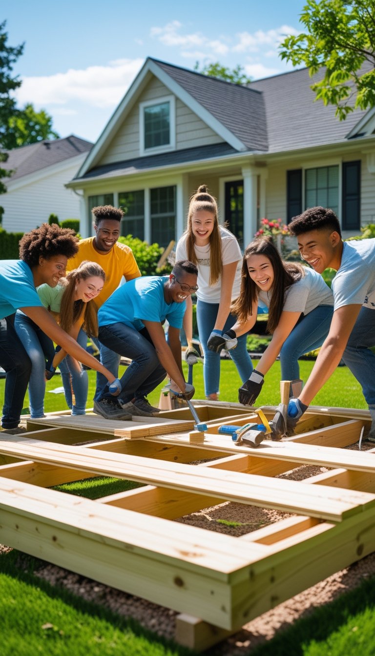 A group of friends working together outdoors to build a wooden deck in a backyard.